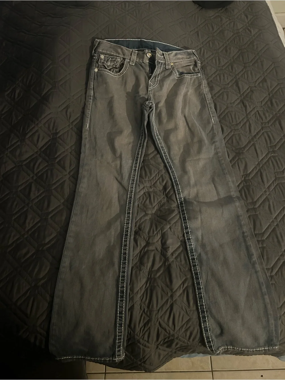 True Religion Gray Jeans with White Contrast Stitching